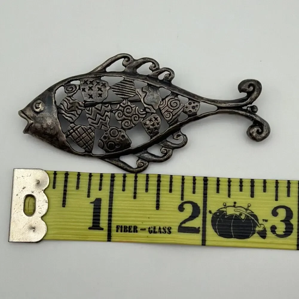 Vintage Sterling Silver Openwork Fish Brooch Pin Marked 925 Whimsical 14.7g